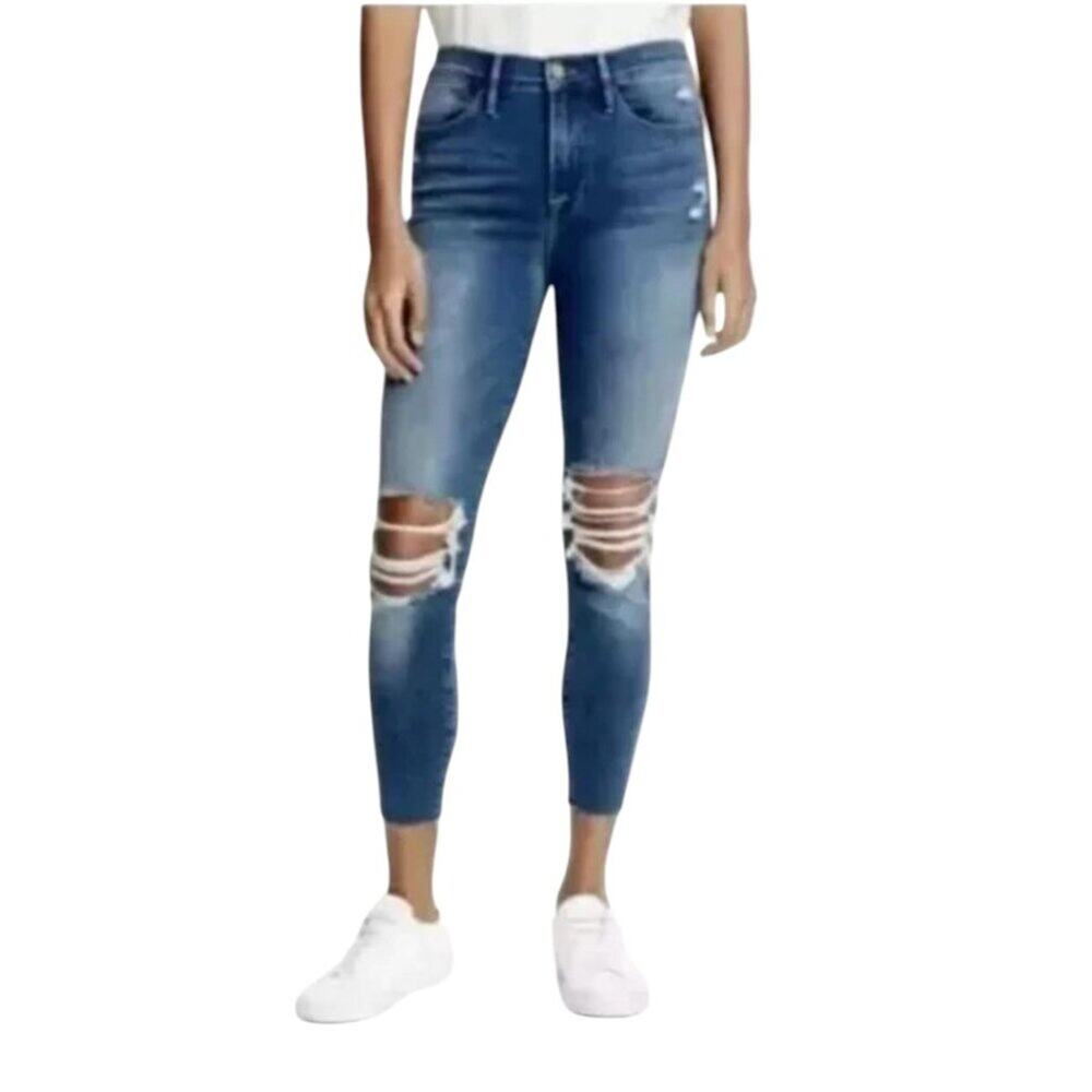 Frame Le High Skinny Crop Distressed Jeans High Waisted Stretch Denim Size 27
